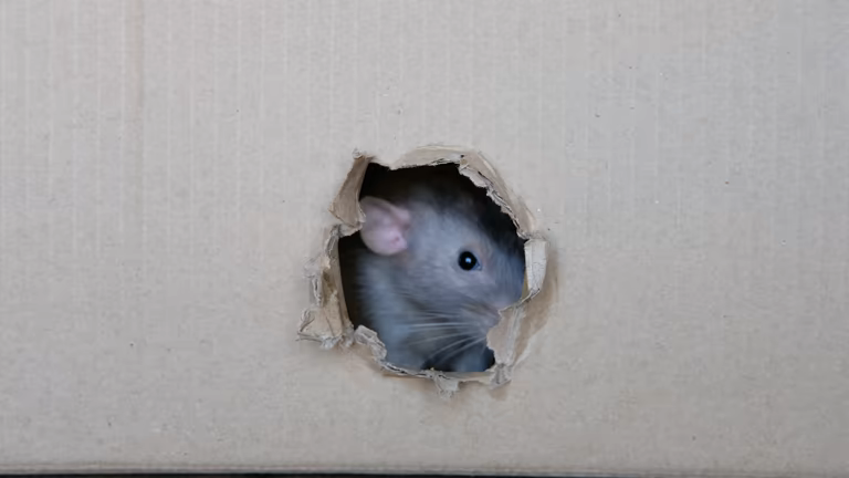 Gray rat peeking through a hole in a cardboard box, illustrating potential rodent infestations and associated health risks.